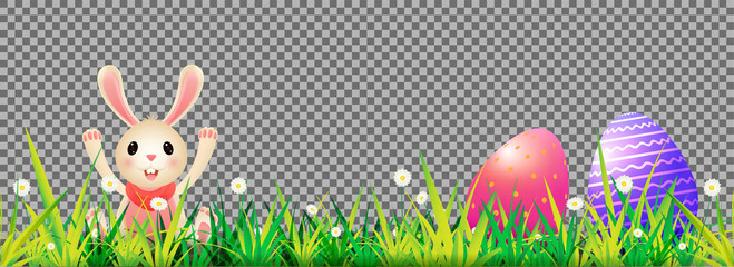 Cute bunny and easter with decorative daisy flowers on transparent background for Happy Easter header or banner design.