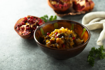 Roasted eggplant appetizer with pomegranate seeds