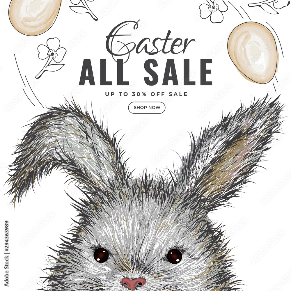 Wall mural Hand drawn bunny illustration on white background for template Easter Sale template or flyer design.