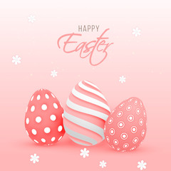 Illustration of realistic printed easter eggs on glossy pink background for Happy Easter celebration greeting card design.