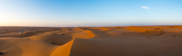 Fototapeta na wymiar Middle East, Arabia, Sultanate of Oman, Al Raka, sand dunes of the Rimal Al Wahiba desert, in the evening light