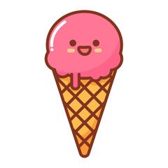 Vector, cartoon, kawaii food, ice cream, cream. Ice cream with a cone with taste of a bubble gum or strawberry. Character, mascot with pretty face. Image for poster, postcard, print on clothes or menu