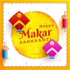 Creative greeting card or template design decorated with kites and string spools for Happy Makar Sankranti festival celebration.