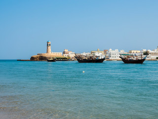View of Sur and the lighthouse Al-Ayjah, coast at Ash Sharqiyah North, Ad Daffah, Sultanate of Oman, Arabia