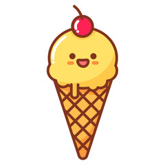 Vector, cartoon, kawaii food, ice cream, cream. Ice cream with a cone with taste of a peach or vanilla, decorated with cherry. Character, mascot. Image for poster, postcard, print on clothes or menu