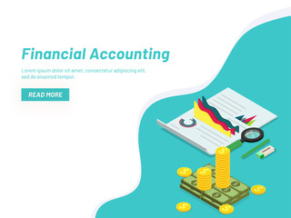 Obraz na płótnie Canvas Financial Accounting concept with isometric coin stack and business report with infographic elements. Responsive web banner design.