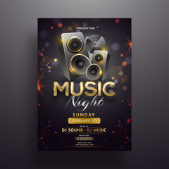 Realistic sound speakers on black bokeh background for Music night party poster or template design. - obrazy, fototapety, plakaty