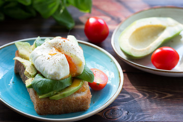 A piece of grilled white bread with poached egg , fresh basil leaves on a blue plate and small tomatoes. Top view. 