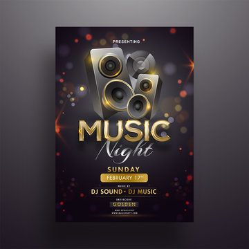 Realistic Sound Speakers On Black Bokeh Background For Music Night Party Poster Or Template Design.