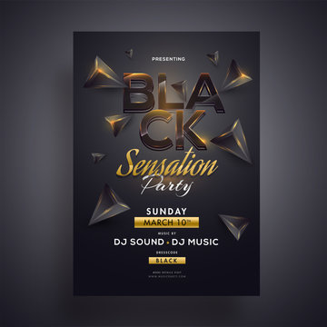 Black Sensation Party Flyer Or Template Design With 3d Geometric Elements And Venue Details.