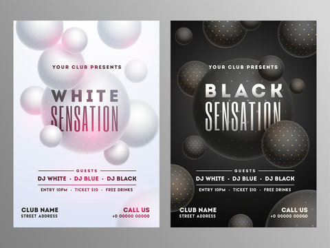 White And Black Sensation Party Flyer With Time Date And Venue Details.