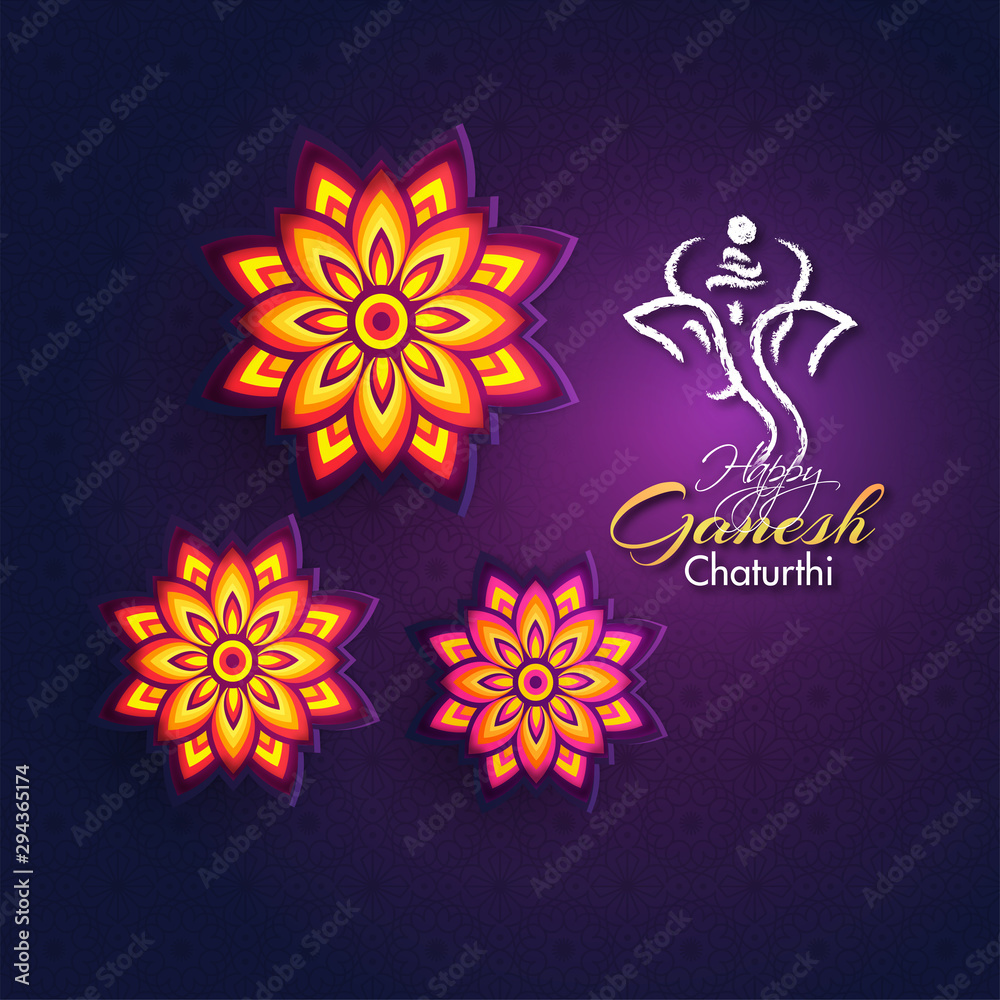 Sticker Purple greeting card design decorated with paper cut flowers and Lord Ganesha face for celebration of Ganesh Chaturthi festival.