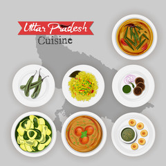 Top view of Uttar Pradesh delicious cuisine on grey background.