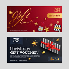Obraz na płótnie Canvas Christmas gift voucher or discount coupon layout with best discount offer and illustration of gift boxes and starts