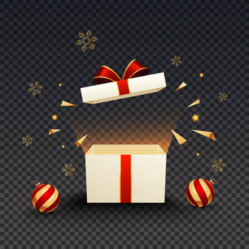 3d gift box illustration with glossy baubles and snowflakes on black png background.