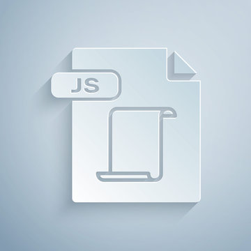 Paper cut JS file document. Download js button icon isolated on grey background. JS file symbol. Paper art style. Vector Illustration