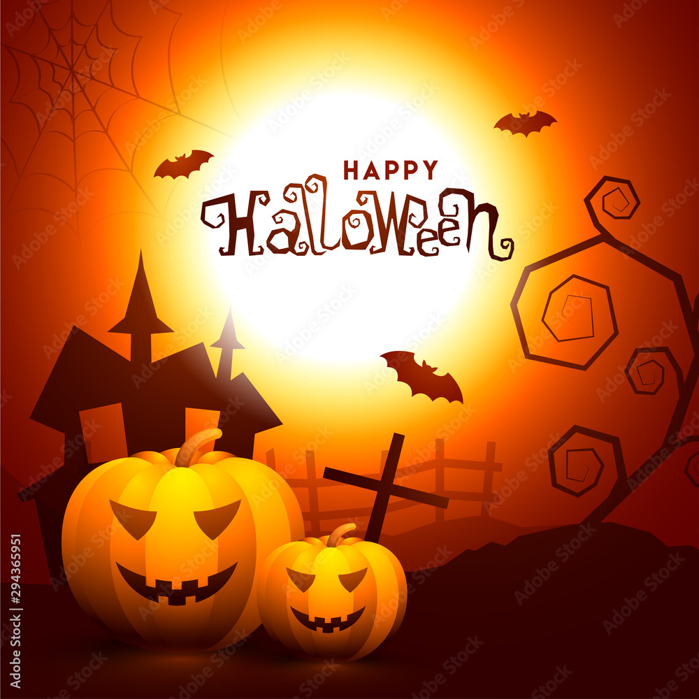 Canvas Prints scary pumpkins with haunted house on full moon night background for happy halloween celebration.