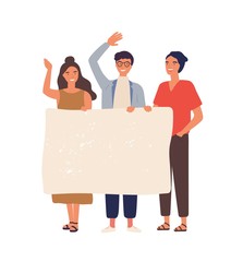 Group of people with empty banner flat vector illustration. Young students holding blank paper with place for text. Male and female smiling cartoon characters isolated scene. © Good Studio