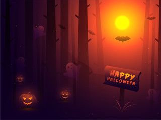 Happy Halloween celebration background with illustration of scary pumpkins in haunted forest.