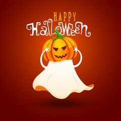 Scary pumpkin in ghost costume with creative lettering of Happy Halloween on glossy brown background. Can be used as greeting card design.