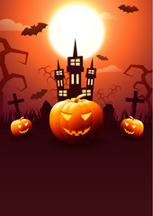 Full Moon Night Background with illustration of Spooky Pumpkins, Haunted House and Flying bats for Halloween Festival.