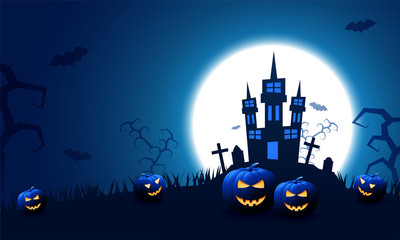 Full Moon Night Poster design with Haunted House and Scary Pumpkins on Blue Background for Happy Halloween Festival.