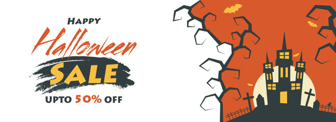 Happy Halloween Sale header or banner design with 50% discount offer and illustration of haunted castle on orange background.