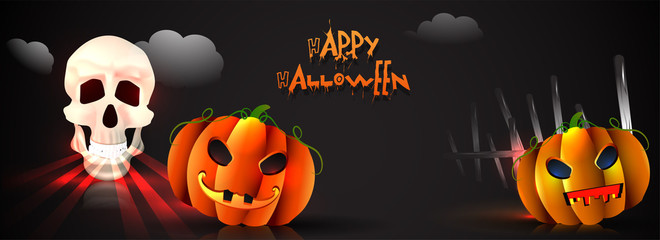 Happy Halloween website header or banner design with scary pumpkins and human skull on black cloudy background.