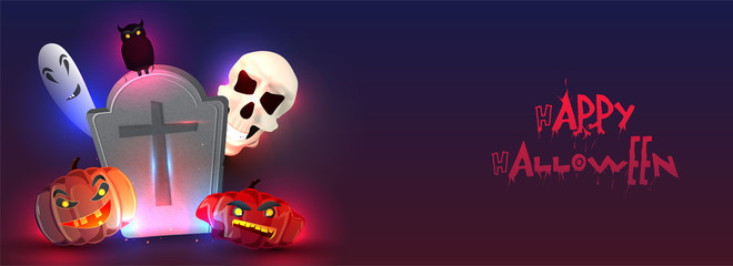 Stylish lettering of Happy Halloween with scary faces of pumpkins and ghost on glossy background. Website header or banner design.