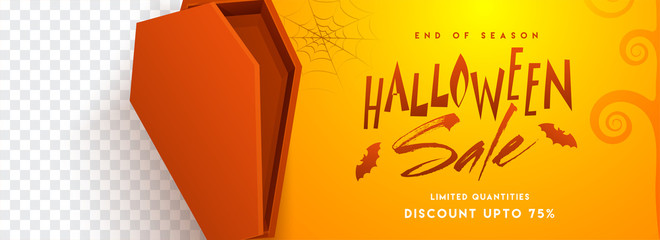 Halloween Sale Header or Banner design with 75% discount offer and coffin on shiny orange background with space for your text.