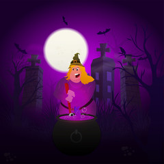 Illustration of Halloween witch and haunted house on full moon night background for festival celebration concept.