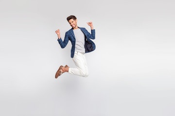 Full length body size view of his he nice attractive cheerful cheery glad delighted executive...