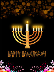 Traditional menorah (Candelabrum) on black background. Happy Hanukkah greeting card design.