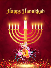 Happy Hanukkah greeting card design with traditional menorah, colorful flowers on grunge brown background.