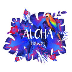 Aloha Hawaii Party template or flyer design decorated with monstera, palm leaves and beautiful parrot on white background. - obrazy, fototapety, plakaty