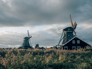 Traditional Windmills in Zaanse Schans Town near Amsterdam, The Netherlands