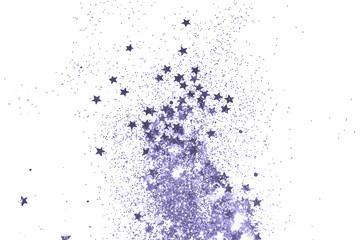 Purple glitter and glittering stars on white background in vintage colors