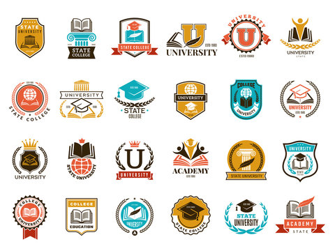 College emblem. School or university identity symbols badges and logo vector collection. College and school, university emblem illustration
