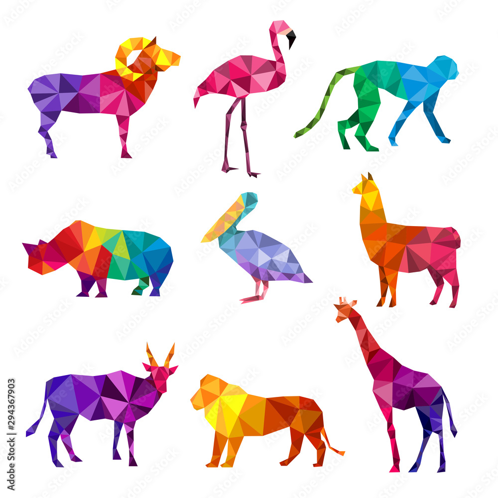 Sticker polygonal animals. low poly zoo silhouettes of animals triangular geometric shapes patterns vector o