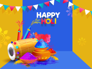 Vector illustration of dhol with color guns and pots or yellow and blue background for Happy Holi festival.