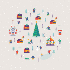 Winter city with people.  Christmas market and holiday fair. Winter outdoor activities. Crowd of happy tiny people in warm clothes flat vector.