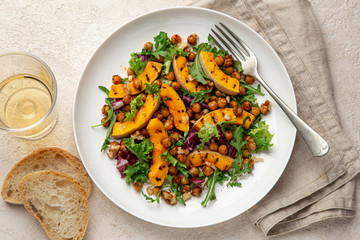 Vegan grilled pumpkin and roasted chickpeas salad