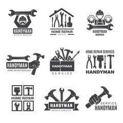 Handyman logo. Worker with equipment servicing badges screwdriver hand contractor man vector symbols. Equipment for repair and construction logo, service logotype toolbox illustration