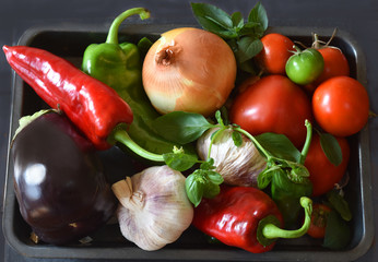 Vegetables a basket with onion, red and green peppers, garlic, tomatoes, eggplant and basil branches