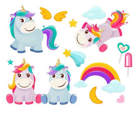 Unicorn. Cute magic animals happy birthday symbols little pony baby horse vector colored cartoon pictures. Illustration of unicorn baby, animal horse, pony dream
