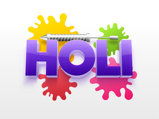 3D text holi in purple color on splash background for festival of colors celebration.