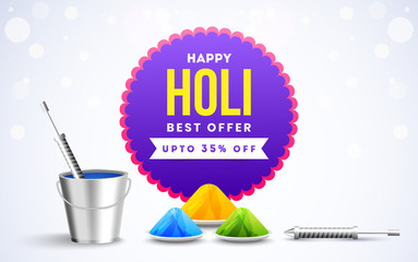 Holi best offer with flat 35% discount on white bokeh background with festival element. © Abdul Qaiyoom