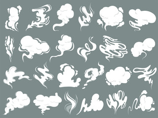 Smell clouds. Smoke from vapour or food toxic smell vector cartoon shapes. Illustration smoke vapour, smell and steam cloud - obrazy, fototapety, plakaty
