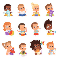 Baby characters. New born kids playing toys happy childhood small little one vector babies. Illustration baby child newborn with teddy, playing toddler