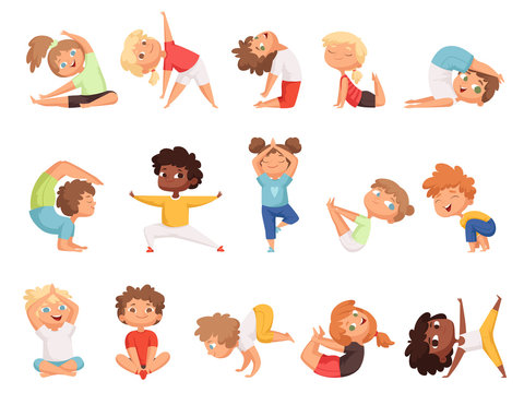 Yoga kids. Children making exercises in different poses healthy sport vector cartoon characters. Yoga exercise boy and girl pose illustration